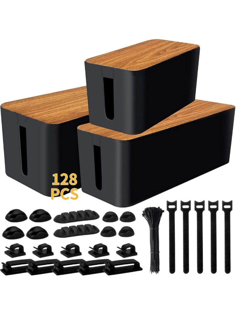 3-Pack Cable Management Kit - Cord Organizer Box for Power Strips & Wires, Black